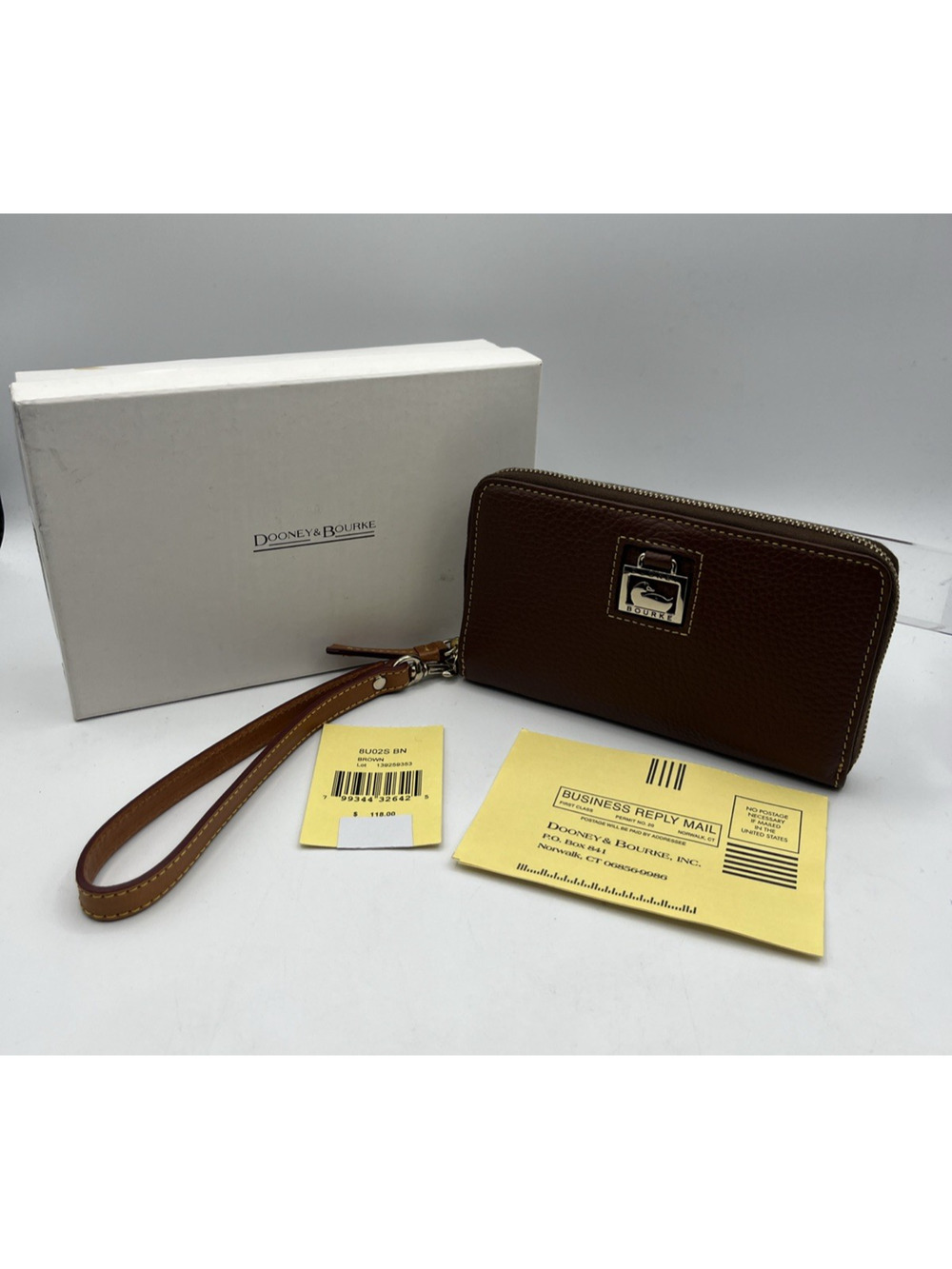 Dooney & Bourke Dillen Zip-Around Mobile Wristlet, Brown Leather w/reg. card NIB
